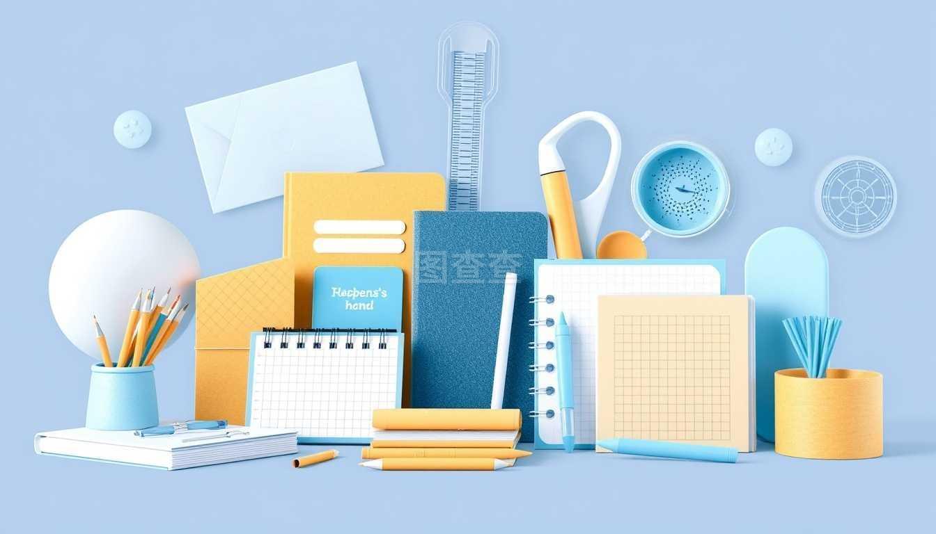 办公用品3D插图 公司材料管理的新视觉语言